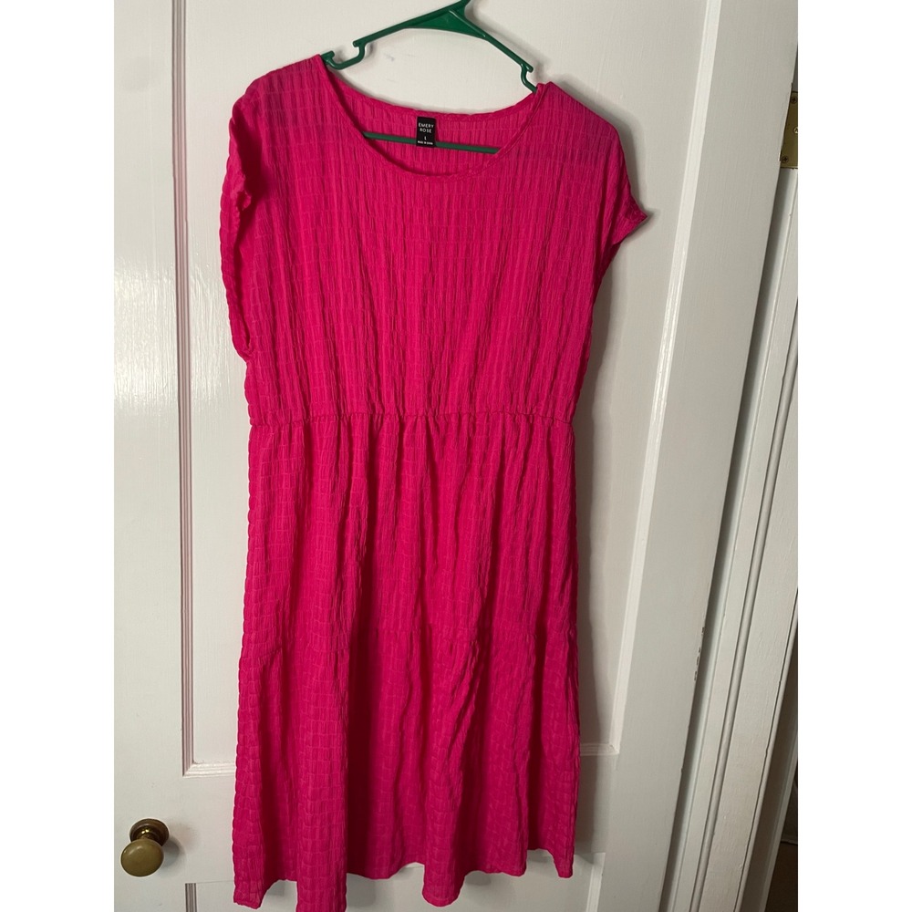 EMERY ROSE‎ Hot Pink Textured Smocked Waist Midi Dress Size L